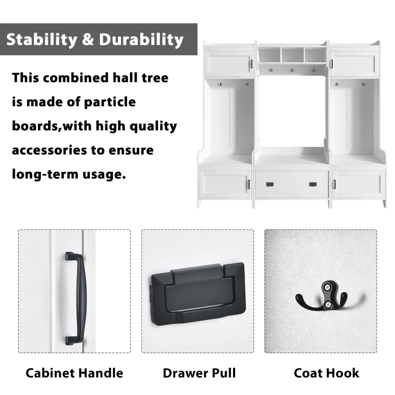 Modern 4-in-1 Hall Tree with Coat Rack, Storage Bench, Entryway Shelf, 7 Metal Hooks, and 4 Cabinets, 78.5" L x 15" W x 72" H, White