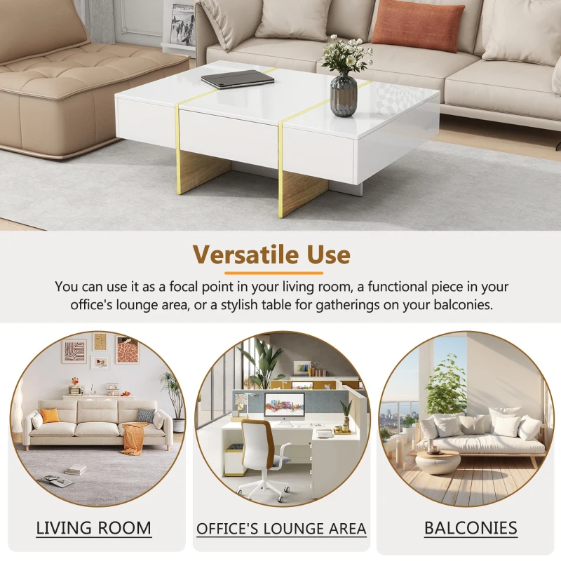 Minimalist High Gloss Coffee Table with 2 Drawers, Storage Rectangle Sofa Table, with Golden Wood Legs, 47" L x 31.5" W x 15.5" H, White