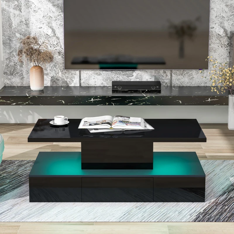 Vinsetto Modern Glossy 2-Tier Rectangle Coffee Table with Drawer, LED Lighting, Center Table for Living Room, 39.5" L x 19.5" W x 15.5" H, Black