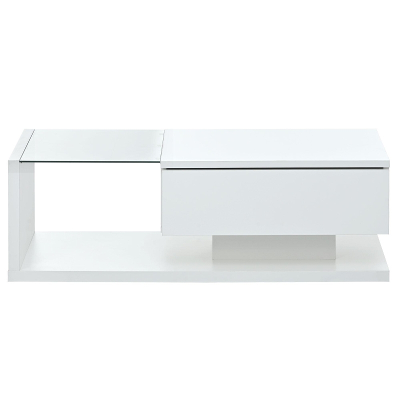 Modern Coffee Table with Tempered Glass, Wooden Cocktail Table with High-Gloss UV Surface, 2-Tier Rectangle Center Table for Living Room, White