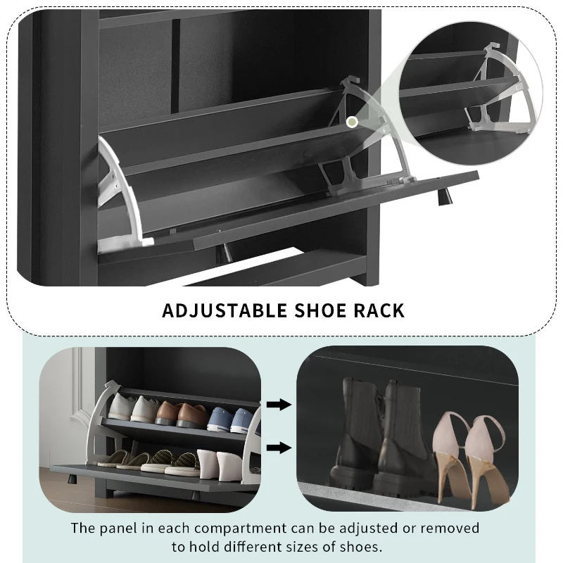Functional Shoe Cabinet with 2 Flip Drawers, Wood Shoe Cabinet with Adjustable Panel, Freestanding Shoe Rack for Hallway, Gray