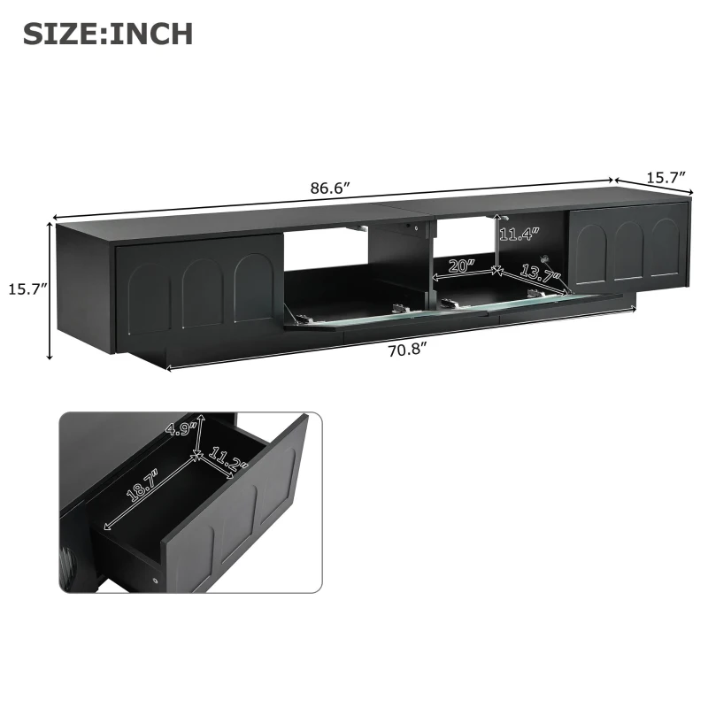 Vinsetto TV Stand with Fluted Tempered Glass Doors for TVs Up to 95", Media Console with APP-Controlled LED Light, 87" L x 16" W x 16" H, Black