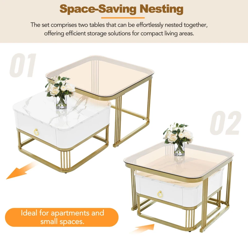 Nesting Coffee Table Set of 2 with Drawer, Square Stacking Tables with Tempered Glass and Marble Grain Tabletop for Living Room, White+Gold