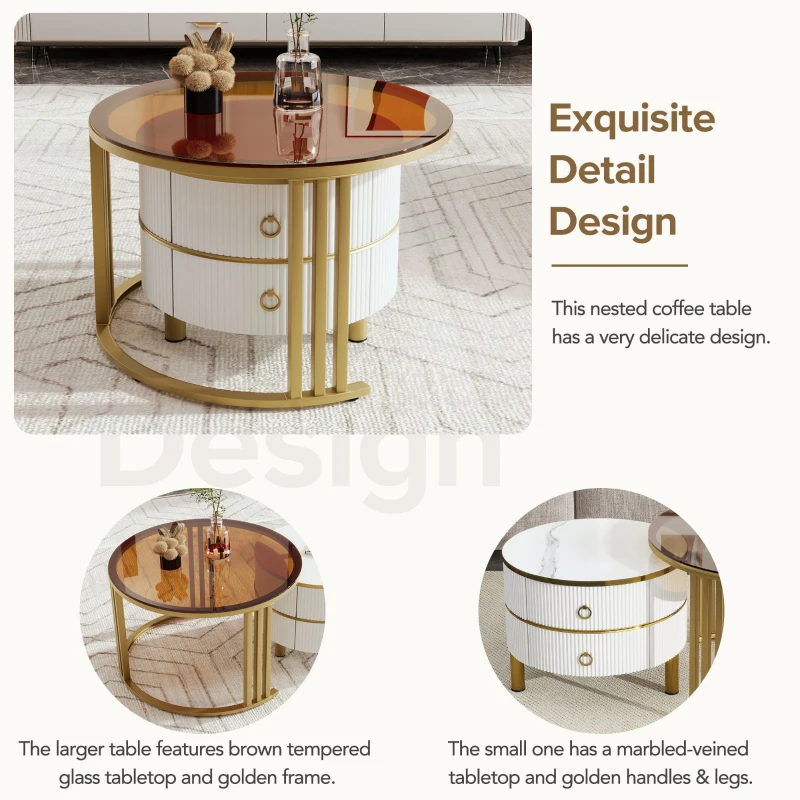 Stackable Coffee Table Set with 2 Drawers, Nesting Tables with Tempered Glass and High Gloss Marble Tabletop, Table for Living Room, Golden White
