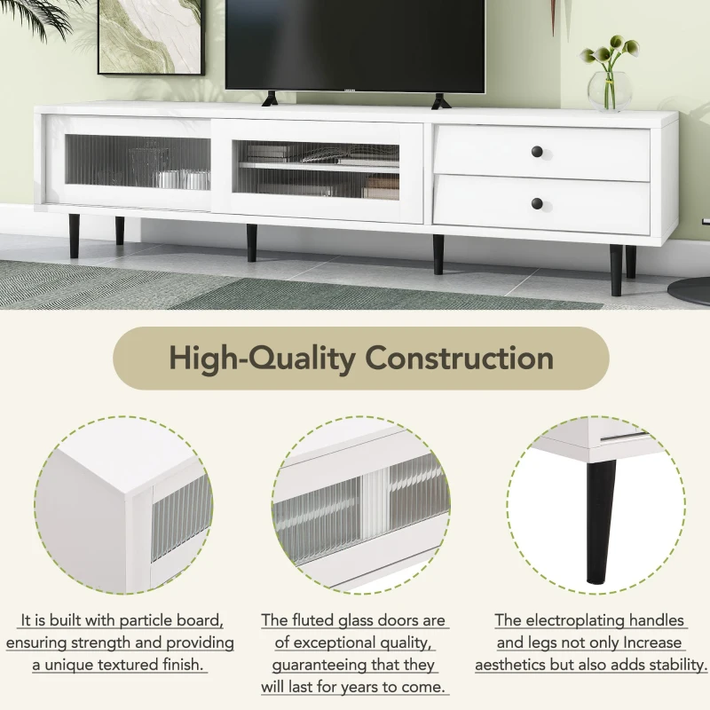 Vinsetto Chic Elegant Design TV Stand with Sliding Fluted Glass Doors, Slanted Drawers Media Console for TVs Up to 75", TV Cabinet with Storage Space, White