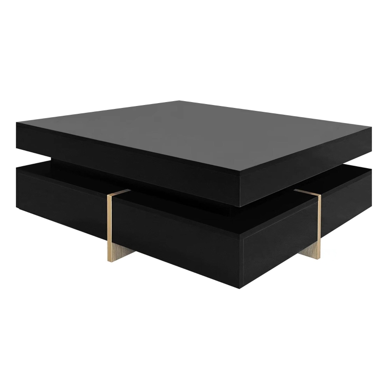 Vinsetto Modern High Gloss Coffee Table with 4 Drawers, Multi-Storage Square Cocktail Tea Table with Wood Grain Legs, 31.5''x31.5'', Black