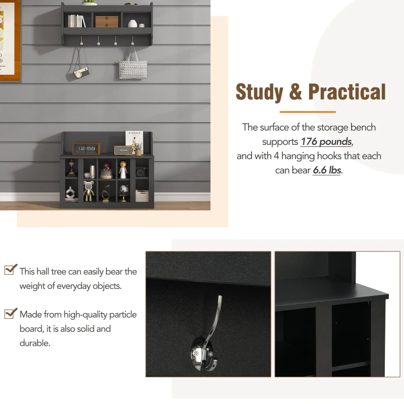 Shoe Cabinet Storage with Shelves and 4 Hooks, Elegant Hall Tree with Wall Mounted Coat Rack, Entryway Organizer for Hallway, Mudroom, Black