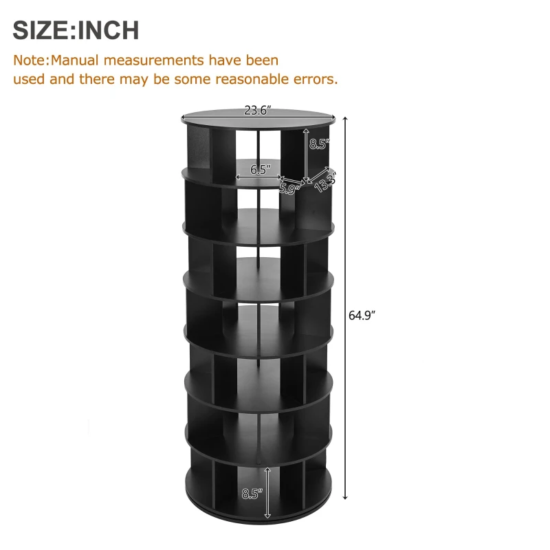 360° Spinning Shoe Cabinet with 5 Grids Per Layer, Adjustable 7-Tier Rotating Shoe Rack Tower, for Living Room, 23.5" L x 23.5" W x 65" H, Black