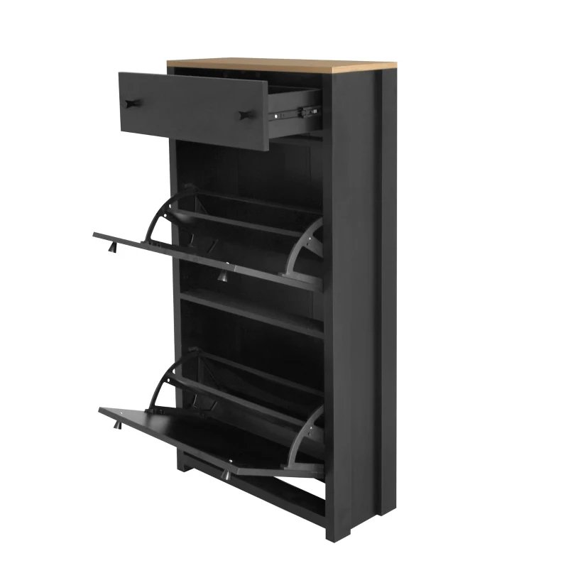 Modern Slim Shoe Cabinet Set with 4 Flip Drawers, Wood Grain Pattern Top, Adjustable Panels, Shoe Rack for Hallway, Black
