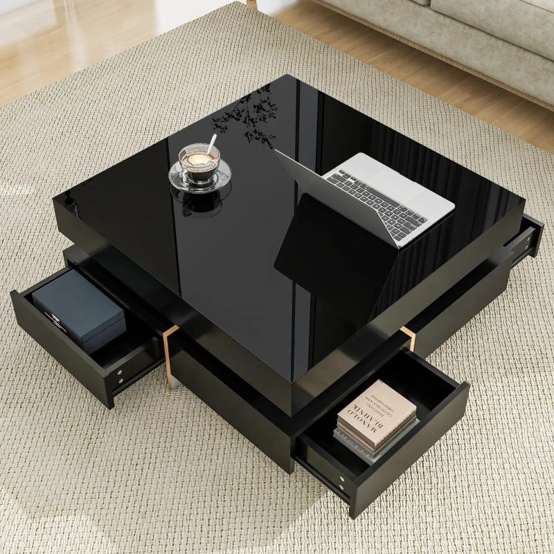 Vinsetto Modern High Gloss Coffee Table with 4 Drawers, Multi-Storage Square Cocktail Tea Table with Wood Grain Legs, 31.5''x31.5'', Black