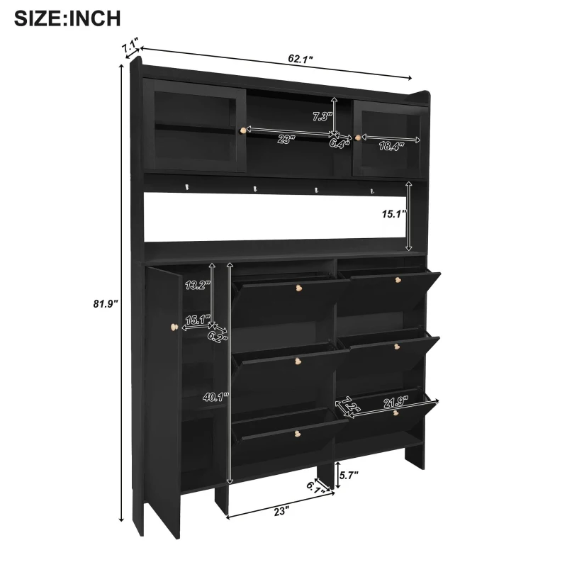 Vinsetto Multifunctional Shoe Cabinet with Storage Shelf, 6 Drawers, 4 Hooks and Tempered Glass Doors, Modern Hall Tree, 62" L x 7" W x 82" H, Black