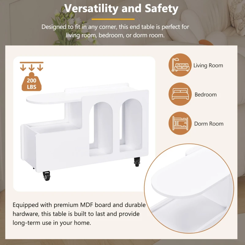 Mobile Multi-Layer Storage End Table with Lockable Wheels, Cream Style Side Table, 12" Narrow Nightstand, 31.5" L x 12" W x 21.5" H, White