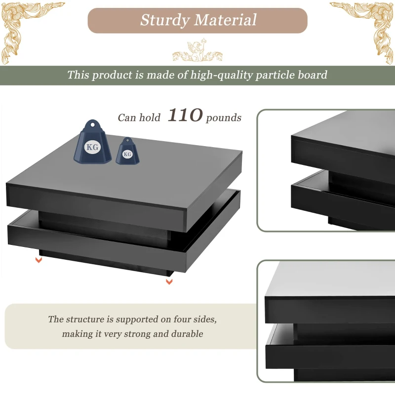 High Gloss Minimalist Coffee Table with LED Lights, 2-Tier Square Center Table for Living Room, 31.5" L x 31.5" W x 14" H, Black