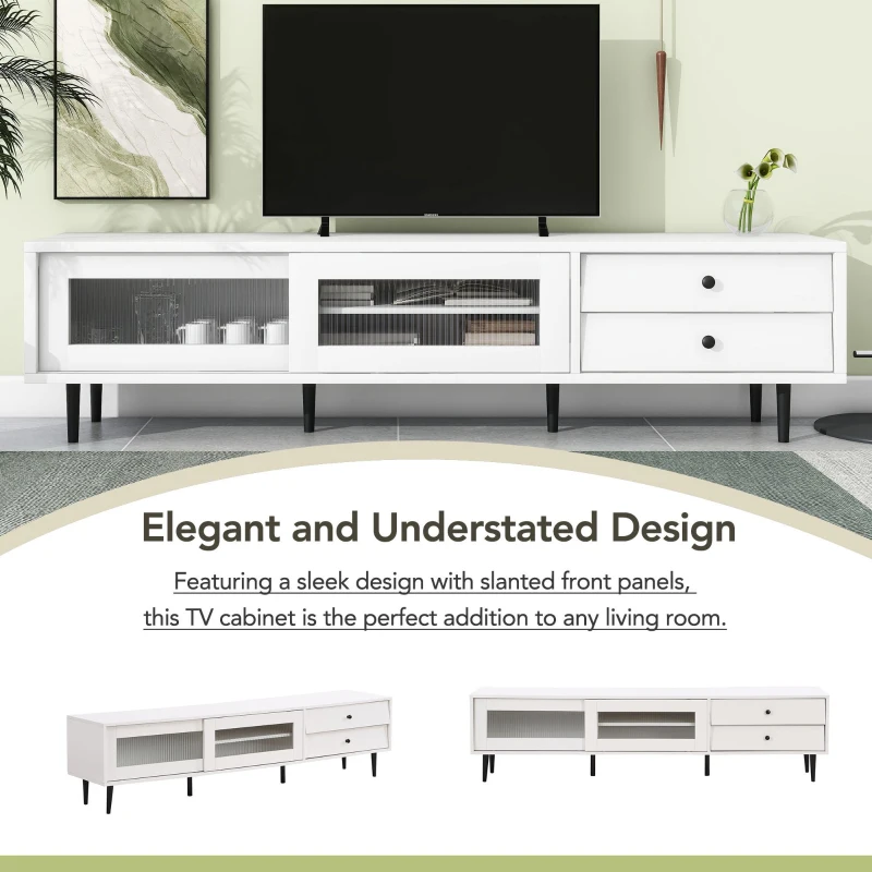 Vinsetto Chic Elegant Design TV Stand with Sliding Fluted Glass Doors, Slanted Drawers Media Console for TVs Up to 75", TV Cabinet with Storage Space, White