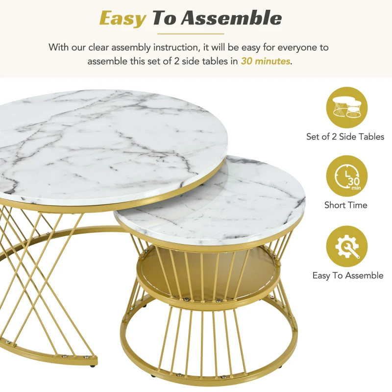 Nesting Coffee Table Set of 2 with Marble Grain Top and Golden Iron Frame, Space-Saving Design, Easy Assembly, White+Gold