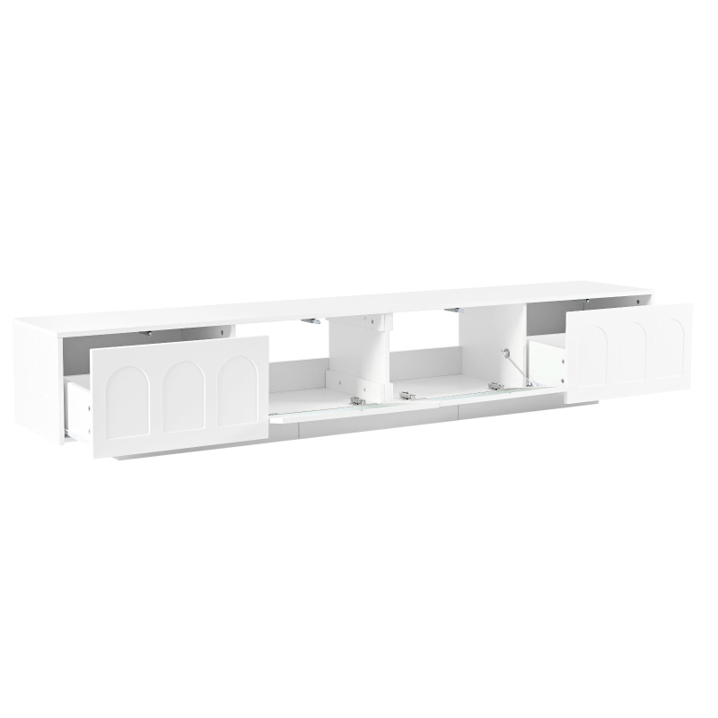 TV Stand with Fluted Tempered Glass Doors for TVs Up to 95", Media Console with APP-Controlled LED Light, 87" L x 16" W x 16" H, White
