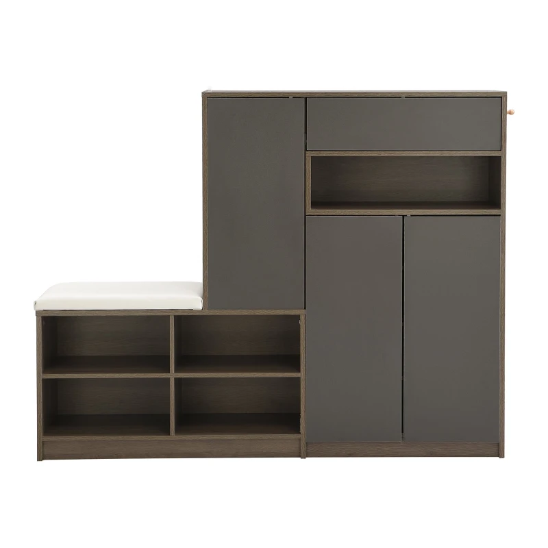 2-in-1 Shoe Storage Bench & Cabinet, Multi-functional Shoe Rack with Padded Seat and Adjustable Shelves, 55.5" L x 14" W x 43.5" H, Dark Gray