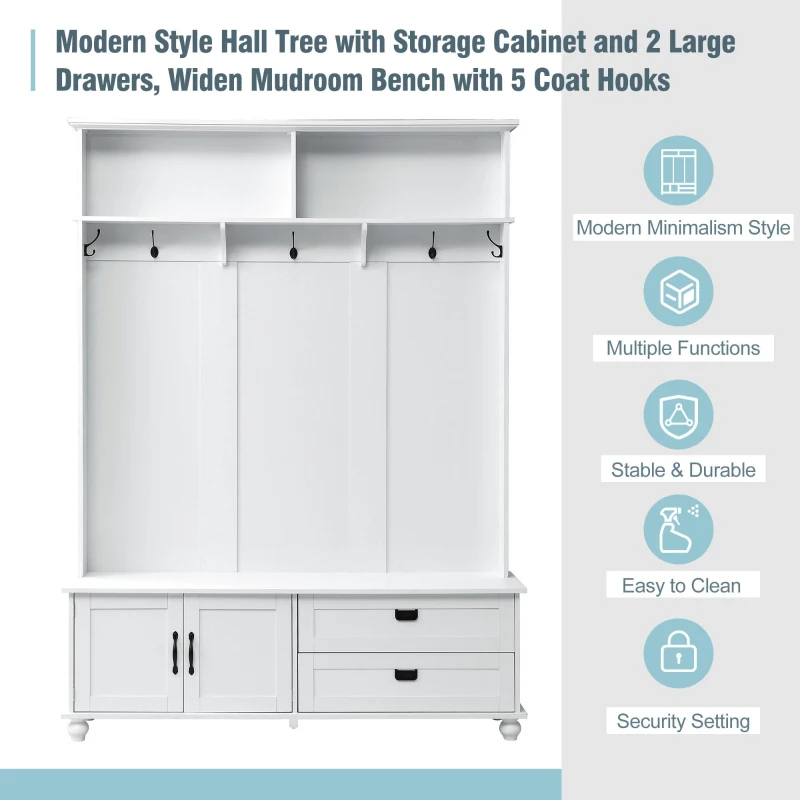Modern Hall Tree with Storage Cabinet and 2 Large Drawers, Wide Mudroom Bench with 5 Coat Hooks, 59" L x 16" W x 80.5" H, White
