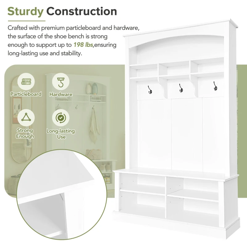 47.5'' Wide Hall Tree with Shoe Storage, 3 Hanging Hooks, Adjustable Shelves, and Multi-Functional Design for Hallway, White