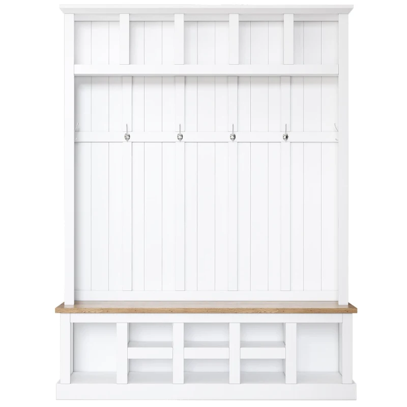 Vinsetto Wooden Entryway Hall Tree with Storage Bench, 6 Hooks, Shoe Cabinet with 13 Compartments, Elegant Coat Rack, 59" L x 18" W x 79" H, White
