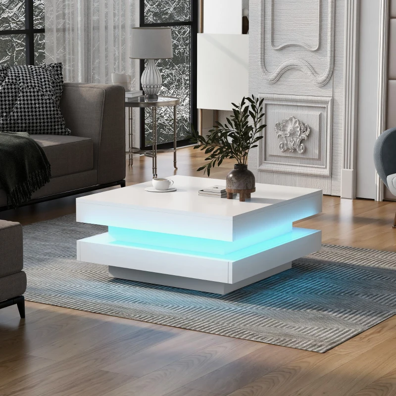 Vinsetto High Gloss Minimalist Coffee Table with LED Lights, 2-Tier Square Center Table for Living Room, 31.5" L x 31.5" W x 14" H, White