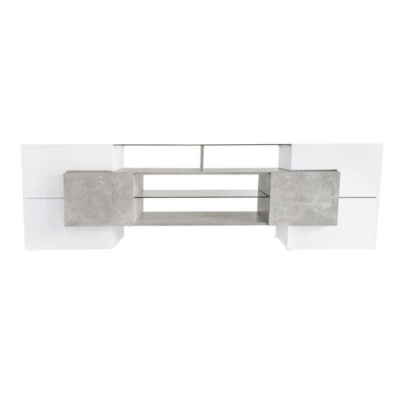 Unique Shape TV Stand for TVs Up to 88" with 2 Illuminated Glass Shelves, High Gloss Entertainment Center, LED Color Changing Lights, Gray