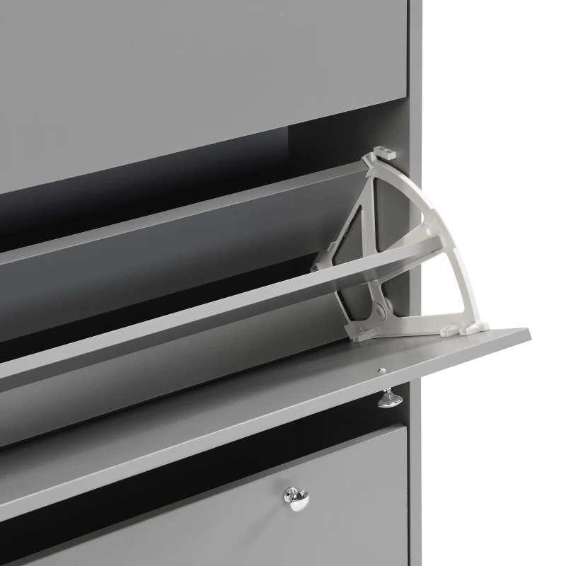 Vinsetto Narrow Design Shoe Cabinet with 3 Flip Drawers, Wood Grain Top, Adjustable Shelves, and Hooks, 31.5" L x 9.5" W x 48" H, Grey