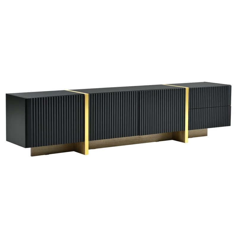 Luxury Fluted TV Stand with Storage Cabinets & Drawers, Smooth Media Console with Golden Wood Grain Legs, 75" L x 14" W x 18" H, Black