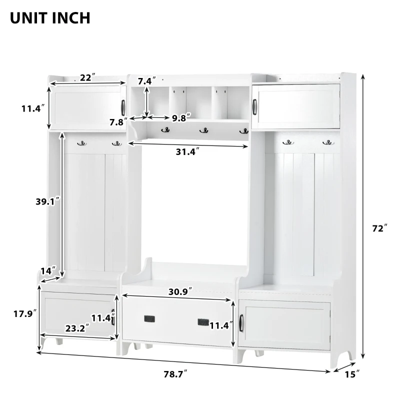Modern 4-in-1 Hall Tree with Coat Rack, Storage Bench, Entryway Shelf, 7 Metal Hooks, and 4 Cabinets, 78.5" L x 15" W x 72" H, White