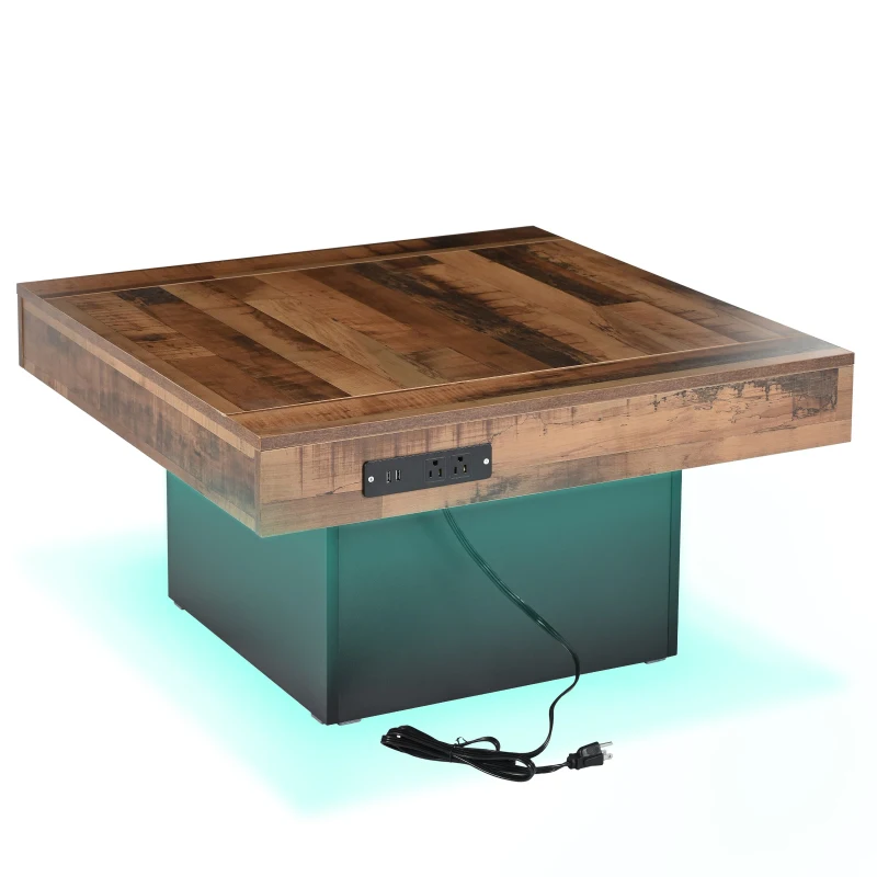 Farmhouse Wood Coffee Table with 2 USB Ports and Outlets, LED Light, Anti-Slip Foot Pads, Spliced Wood Grain, 31.5" L x 31.5" W x 16.5" H, Black