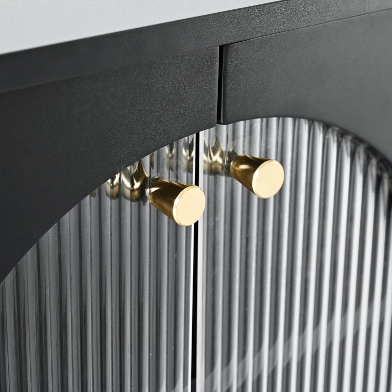 Contemporary TV Stand with Adjustable Shelves for TVs Up to 78", Media Console with Gold Handles and Fluted Glass Doors, Black