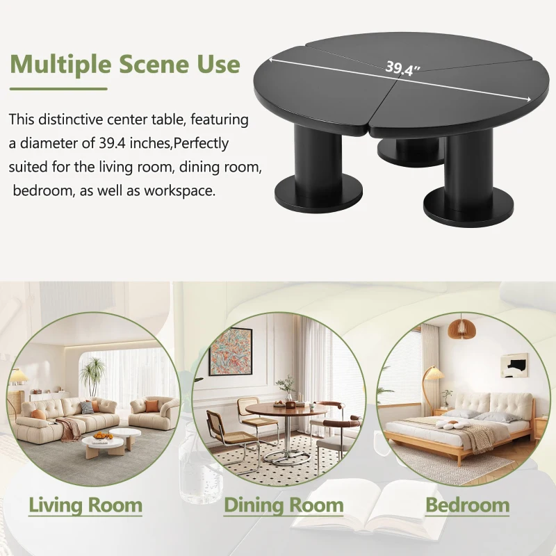 Round Petal-Shaped Coffee Table with Thick Legs and Sleek Edges, Minimalist Design, 39.5" Diameter, Easy Assembly, Black