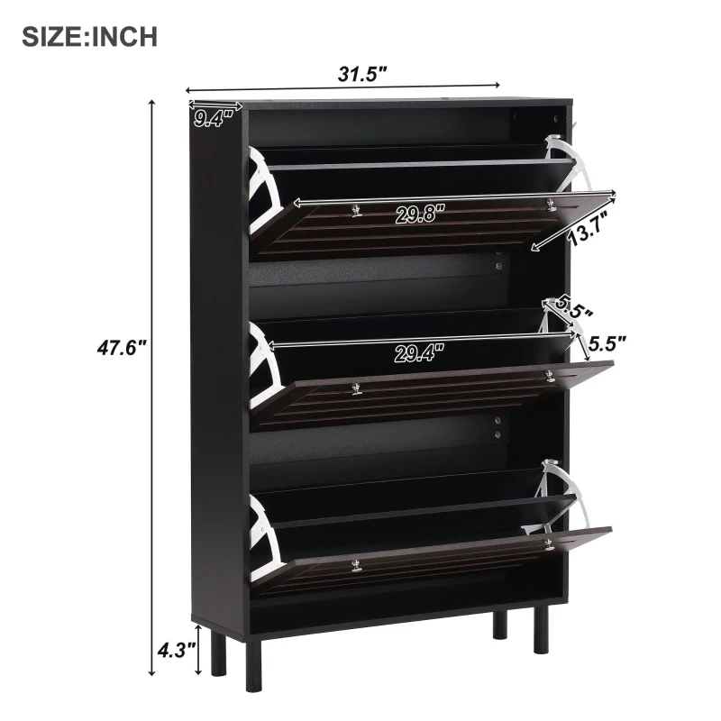 Minimalist Slim Shoe Cabinet with Hanging Hooks, 3 Flip Drawers, Adjustable Shelves, and Large Storage Capacity, 31.5" L x 9.5" W x 48" H, Black
