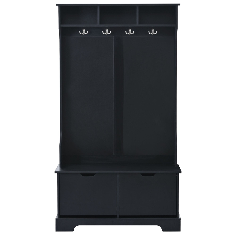 Vinsetto All in One Hall Tree with 3 Top Shelves and 2 Flip Shoe Storage Drawers, Wood Hallway Organizer with Metal Hanging Hooks, Black