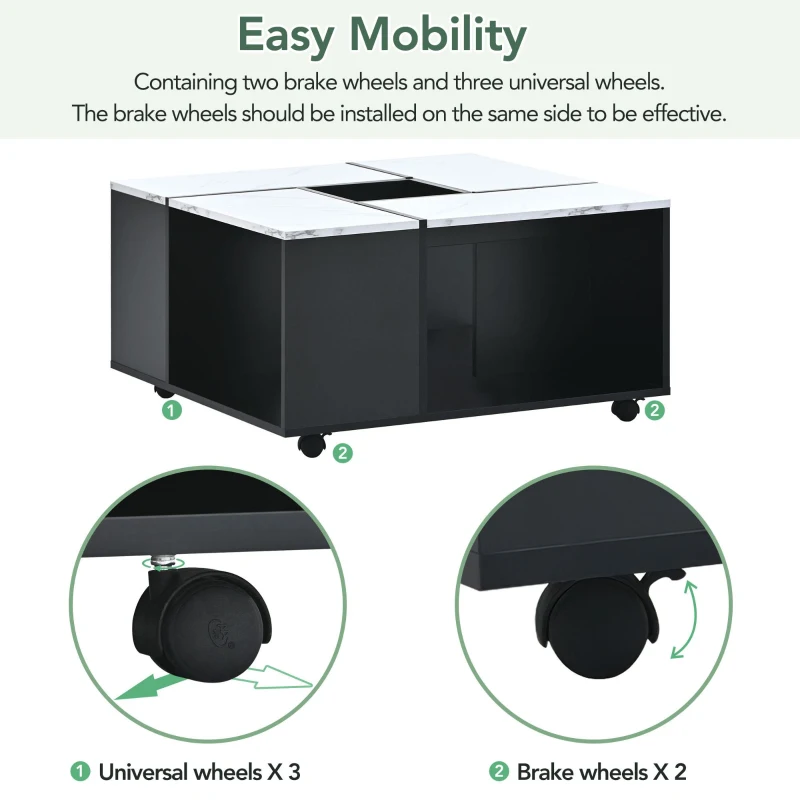 Vinsetto Modern 2-Layer Coffee Table with Casters and Removable Tray, Square Cocktail Table with UV High-Gloss Marble Design, White+Black