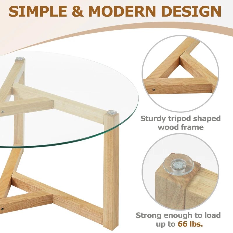 Round Coffee Table with Tempered Glass Top and Sturdy Wood Base, Modern Cocktail Table, Easy Assembly, 35.5" L x 35.5" W x 17.5" H, Natural