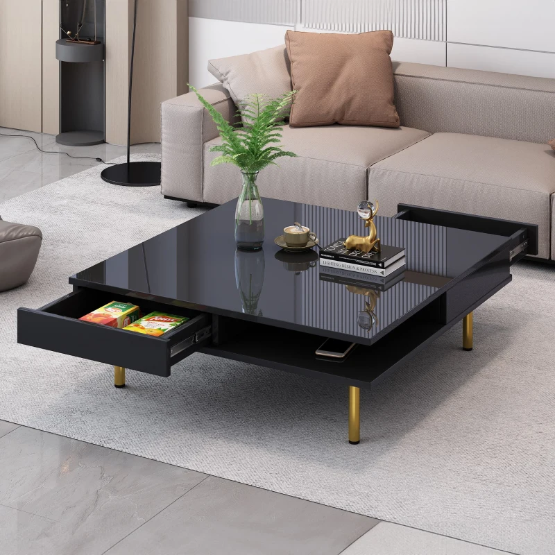 Exquisite High Gloss Coffee Table with 4 Golden Legs, 2 Small Drawers, and 2-Tier Square Center Table for Living Room, Black