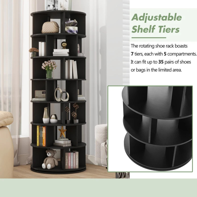 360° Spinning Shoe Cabinet with 5 Grids Per Layer, Adjustable 7-Tier Rotating Shoe Rack Tower, for Living Room, 23.5" L x 23.5" W x 65" H, Black