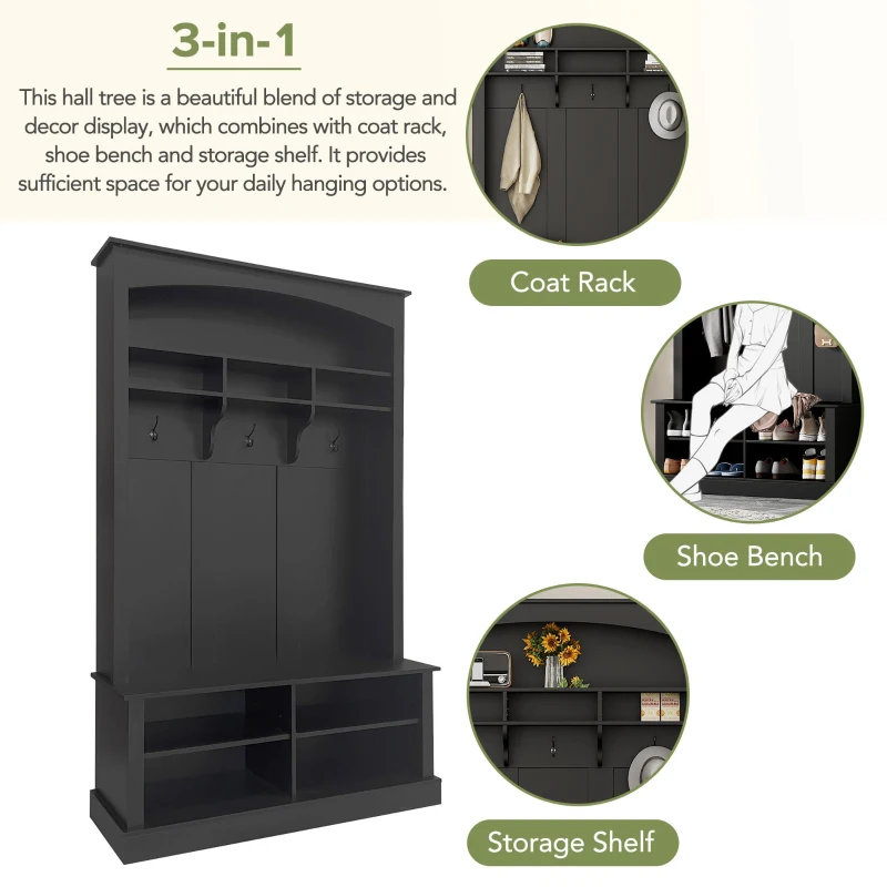 47.5'' Wide Hall Tree with Shoe Storage, 3 Hanging Hooks, Adjustable Shelves, and Multi-Functional Design, 47.5" L x 16" W x 75.5" H, Black