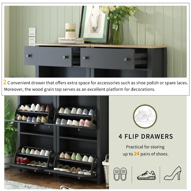 Modern Slim Shoe Cabinet Set with 4 Flip Drawers, Wood Grain Pattern Top, Adjustable Panels, Shoe Rack for Hallway, Black
