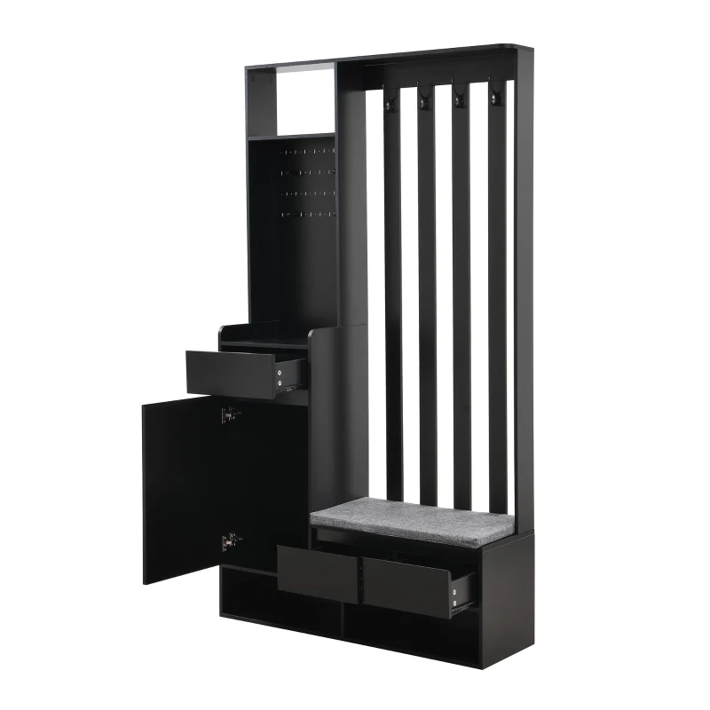 Contemporary Hall Tree with Cushioned Storage Bench, Multifunctional Coat Rack Stand, with Pegboard and 4 Hooks, 39.5" L x 12" W x 71" H, Black