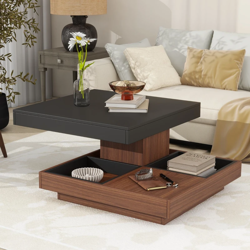 Square 360° Rotating Wood Coffee Table with 3 Detachable Trays, Storage Table for Living Room, 27.5" L x 27.5" W x 14" H, Black+Dark Walnut