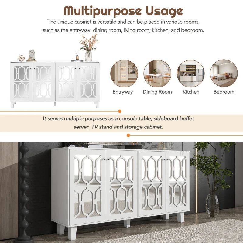 Vinsetto Side Cabinet with Adjustable Shelves, 4-Door Mirror Hollow-Carved TV Stand for TVs Up to 70", Multi-functional Console Table with Storage, White