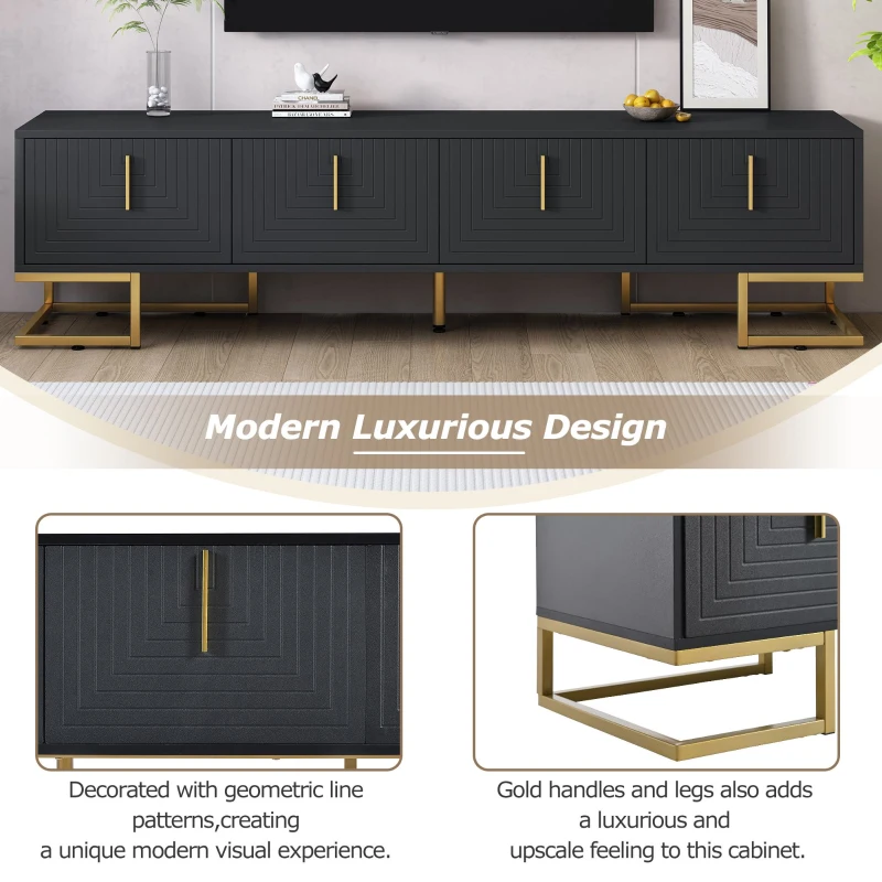 Vinsetto Modern TV Stand with Metal Legs and Gold Handles for TVs Up to 80", Media Console Table with Cabinets and Adjustable Shelves, Black+Gold
