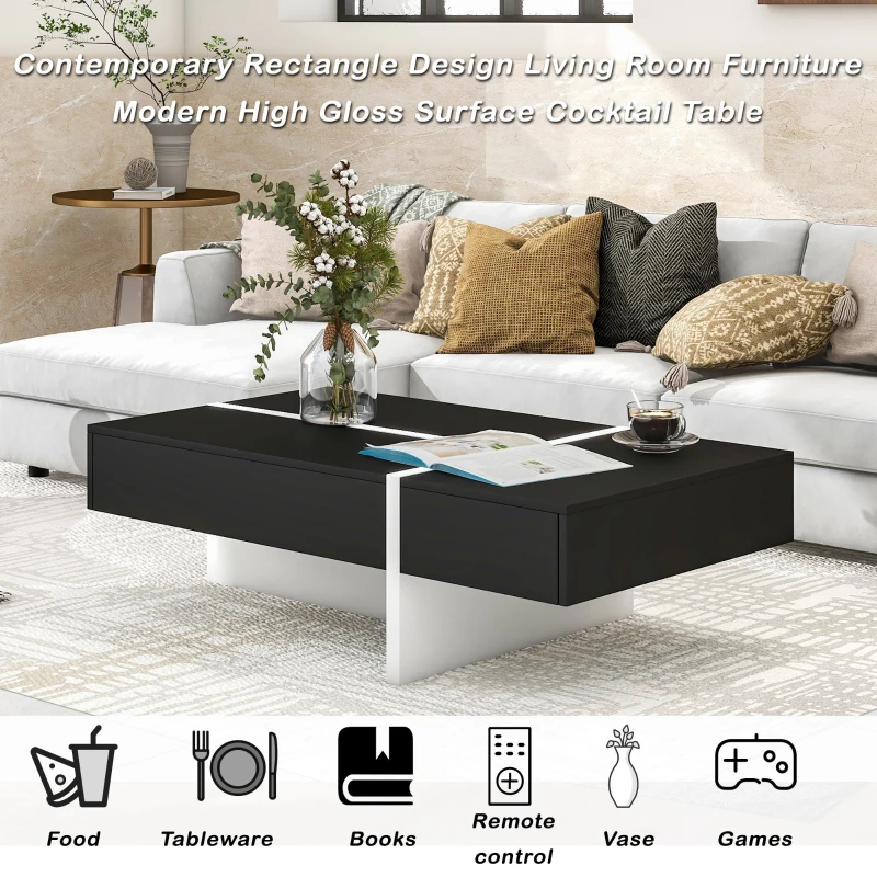 Contemporary Rectangle Coffee Table with Large Drawer, Modern High Gloss Surface, 45" L x 25.5" W x 13.5" H, Black