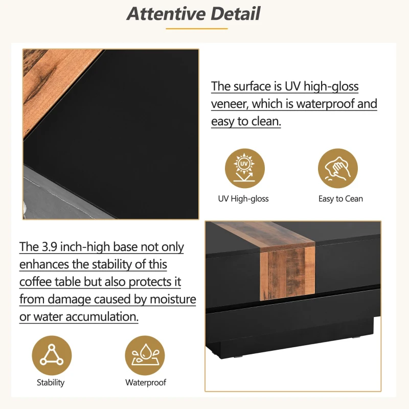 Vinsetto 31.5'' Square Coffee Table with Sliding Tabletop, High Gloss Finish, Hidden Storage Compartment, Extendable to 45.5'', Black