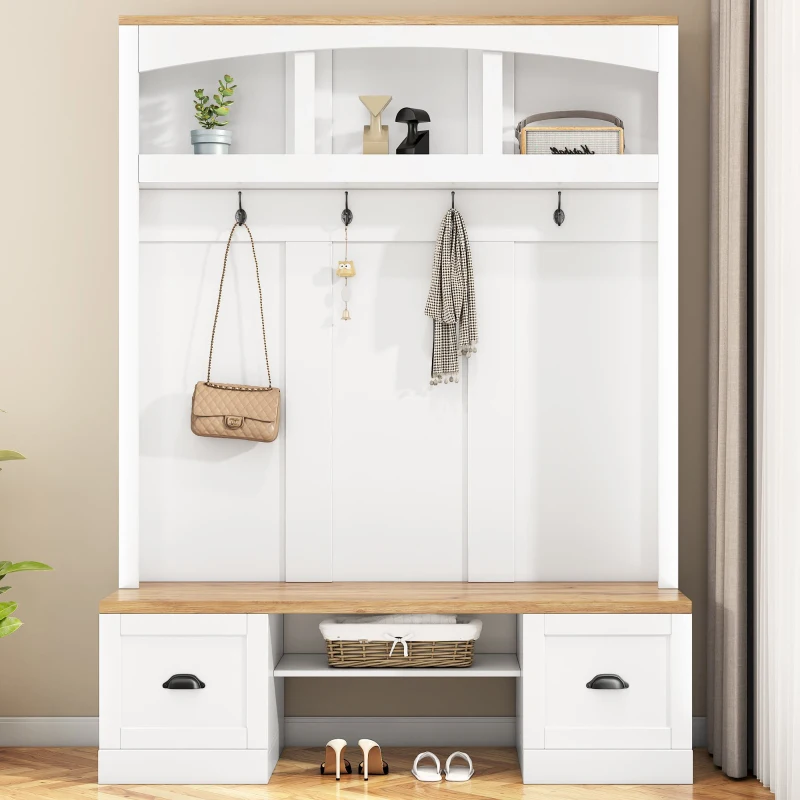 Farmhouse 4-in-1 Hall Tree with Bench and Adjustable Shelves, Multifunctional Storage Coat Rack with Hooks, 55" L x 16.5" W x 73.5" H, White