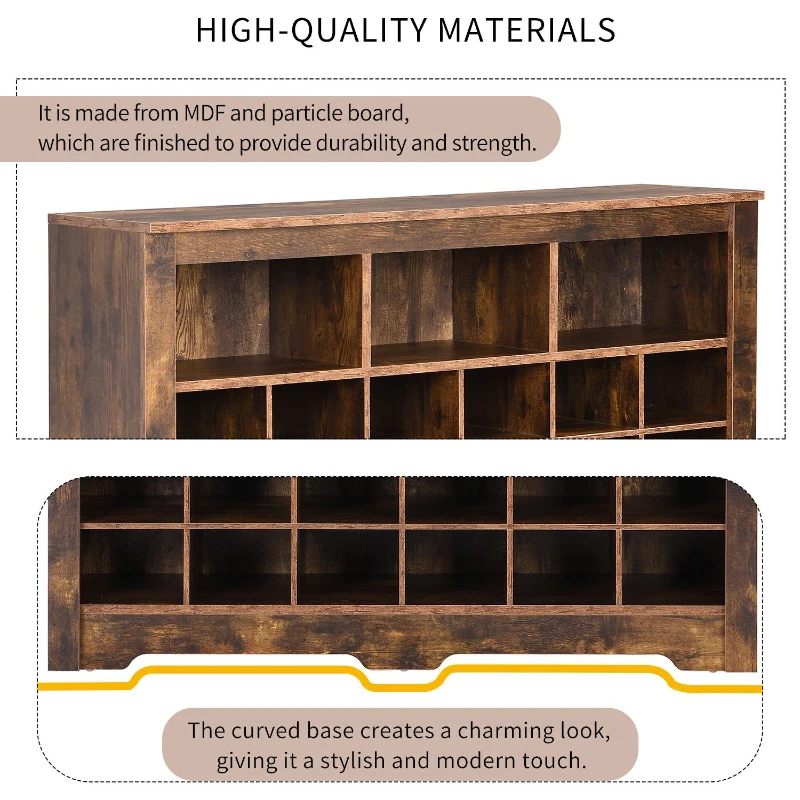 Modern Shoe Cabinet with 24 Cubbies, Versatile Sideboard, Sleek Design, Particle Board, 45.5" L x 13" W x 35" H, Rustic Brown