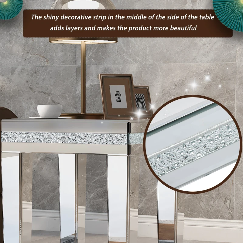 Modern Glass Mirrored Side Table with Crystal Design and Adjustable Height Legs, Easy Assembly End Table, 15" L x 15" W x 22.5" H, Silver