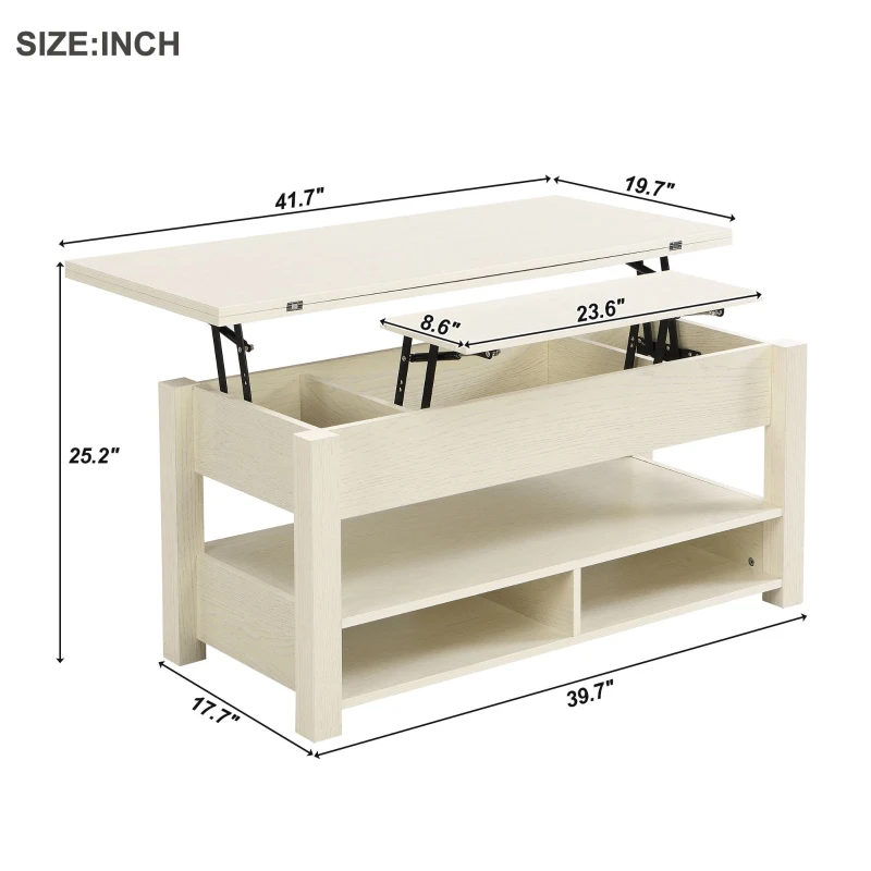 Vinsetto Lift Top Coffee Table with Multi-Functional Open Shelves, Modern Lift Tabletop Dining Table for Living Room, 42" L x 40" W x 25.5" H, Ivory